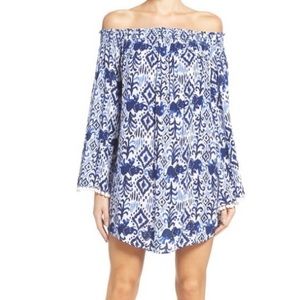 NWT Lilly Pulitzer Nita Coverup Bright Navy Off the Shoulder Pom Pom Sz S Beach